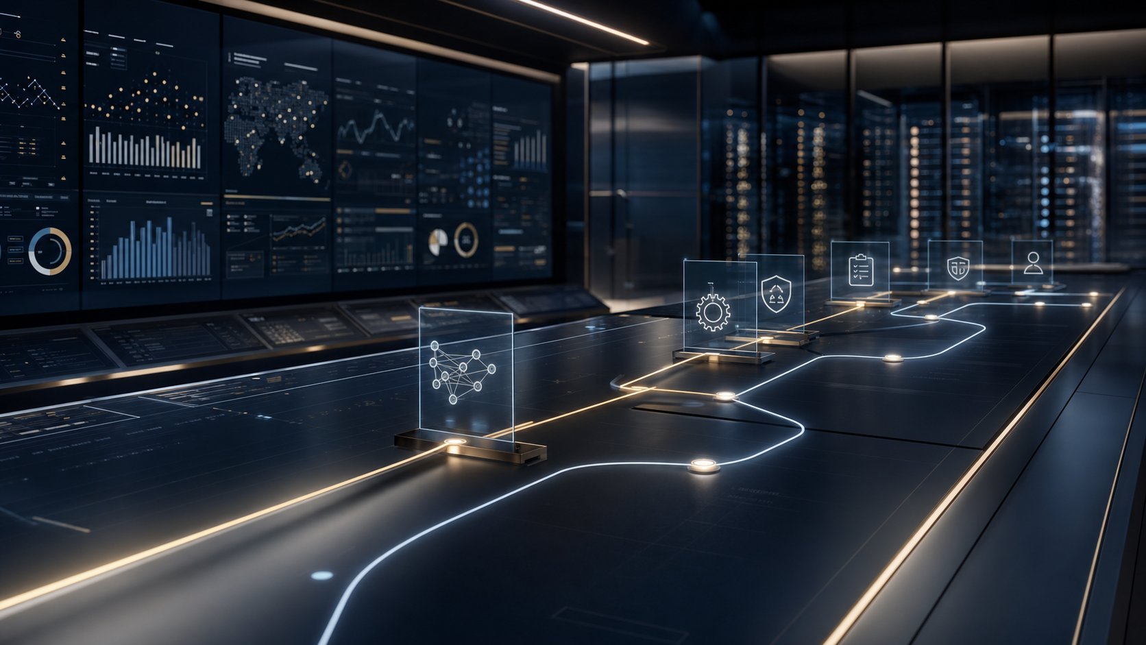 Modern automation control room with structured AI workflow paths