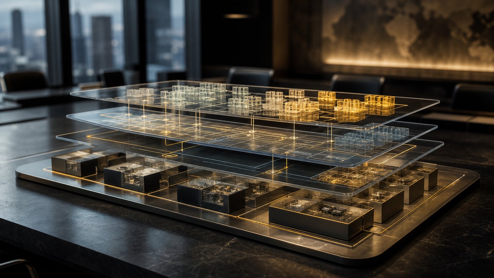 Executive table with layered glass model of business platform architecture