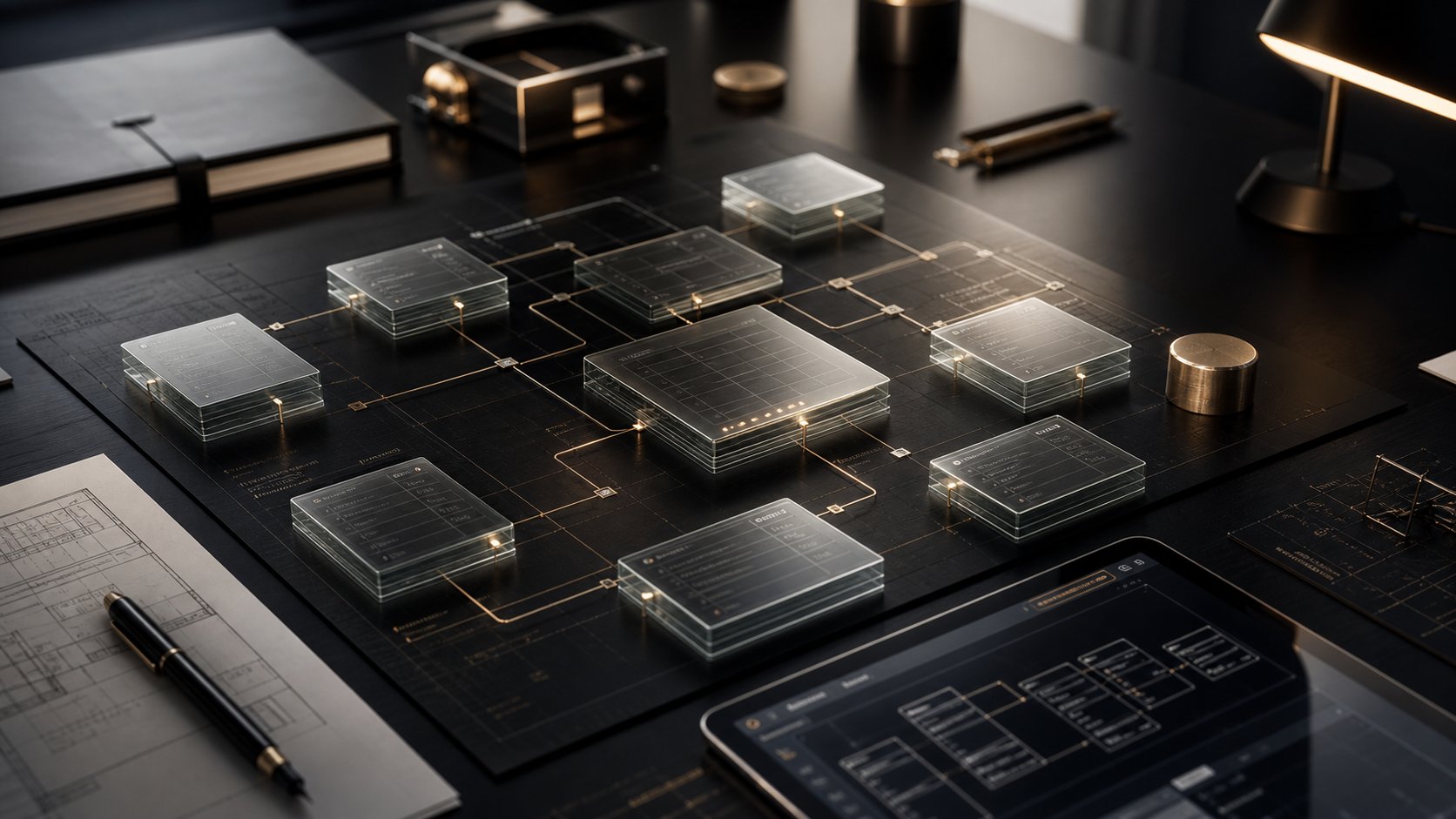 Dark engineering workspace with glass data model blocks and relationship lines