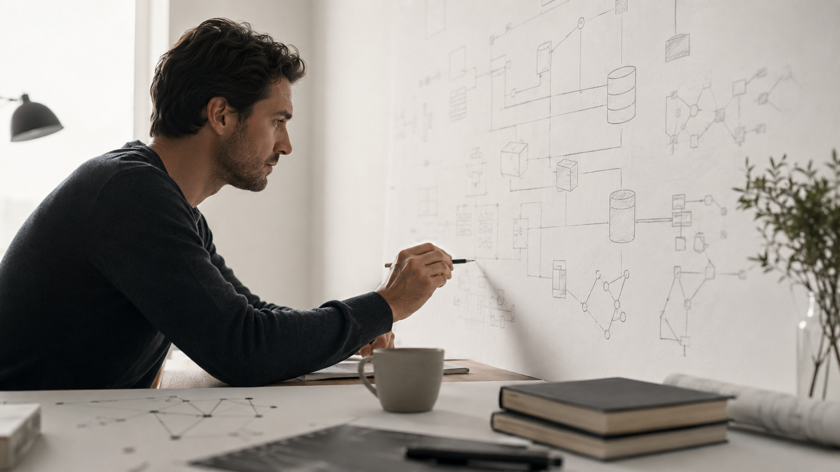 Dark engineering workspace with glass data model blocks and relationship lines
