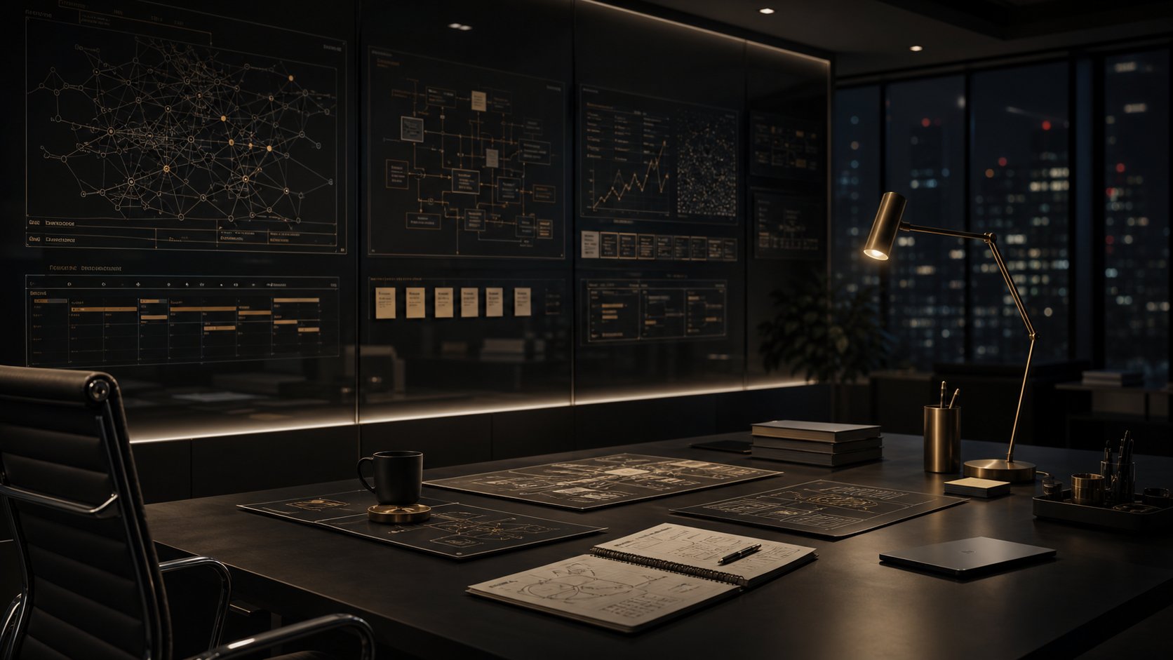 Dark late-night engineering workspace with operational diagrams and warm desk light