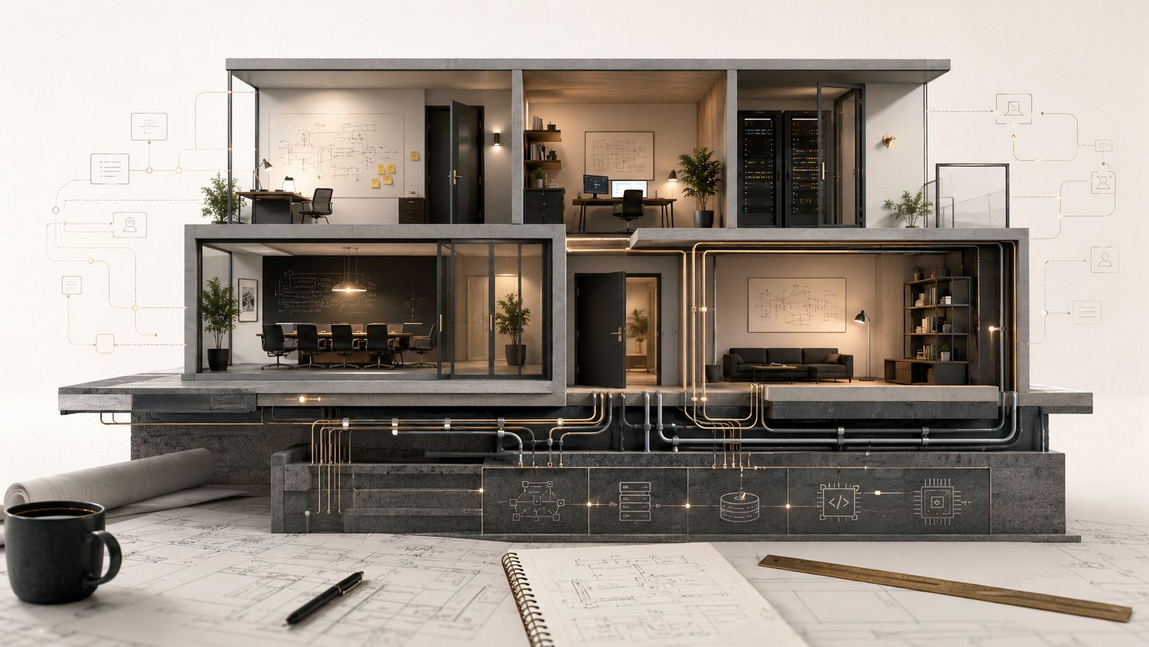 Premium architectural cross-section showing software rooms, locked doors, wiring paths, plumbing conduits, and foundations